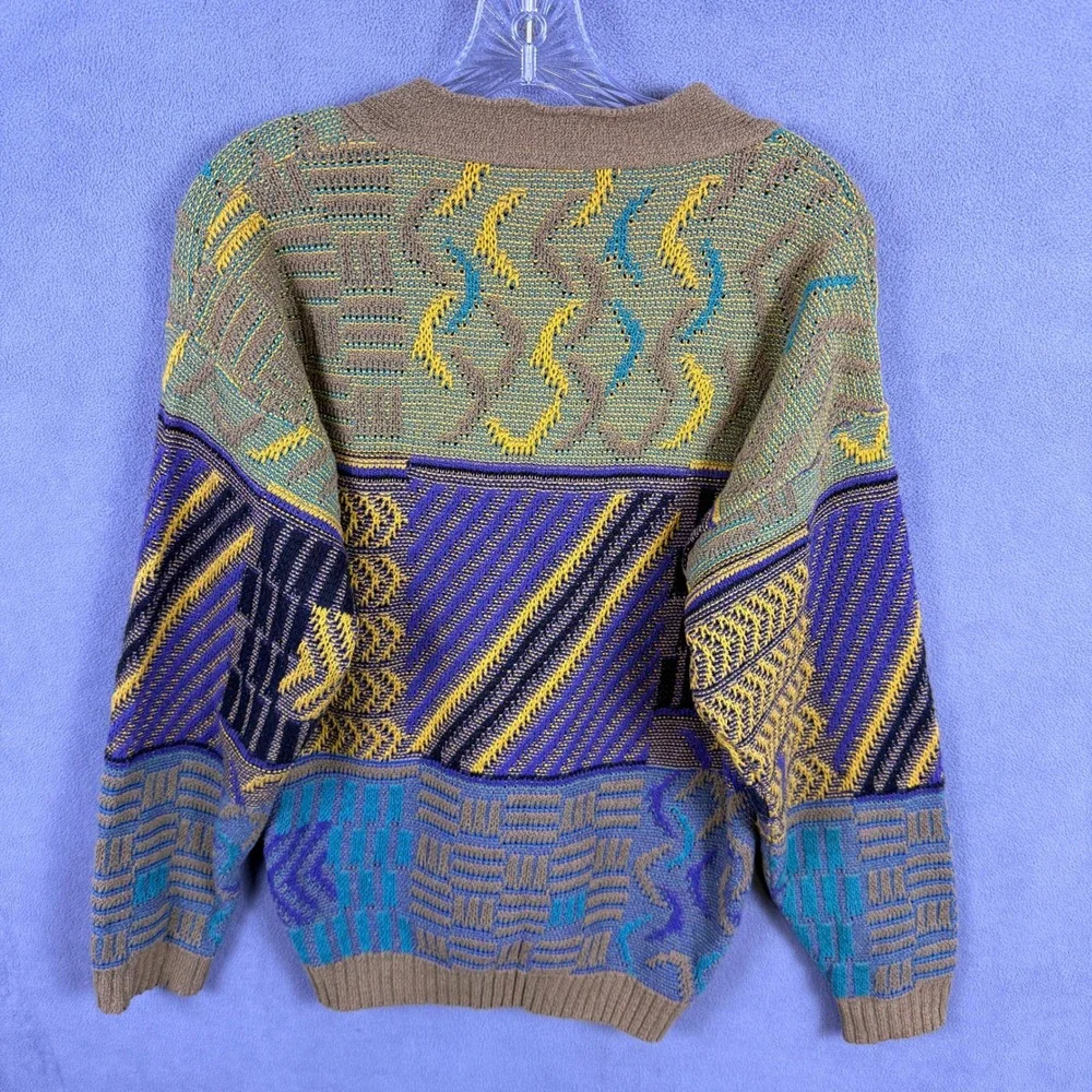 VTG Abstract 3D Chunky Knit Cardigan Mens Large Geometric Coogi Style Grandpa